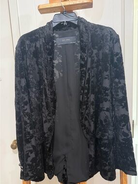 Zara Black Floral Burnout Open-Front Jacket